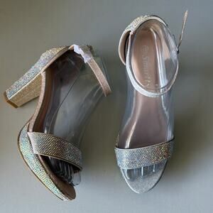 SMARTTY Rhinestones Ankle Strap Platform High Chunky Heels Sandal 6.5 Silver NEW